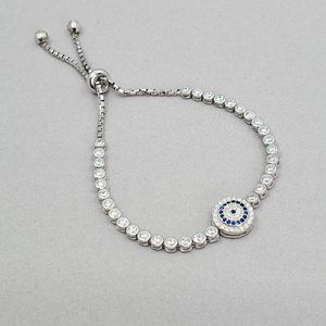 Sterling Silver Adjustable Evil Eye Bracelet w/ CZ